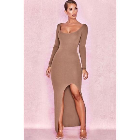 House of CB London Maxi Dress Tan Nude Ribbed Long Sleeve Slit Scoop Neck Large - Picture 1 of 11